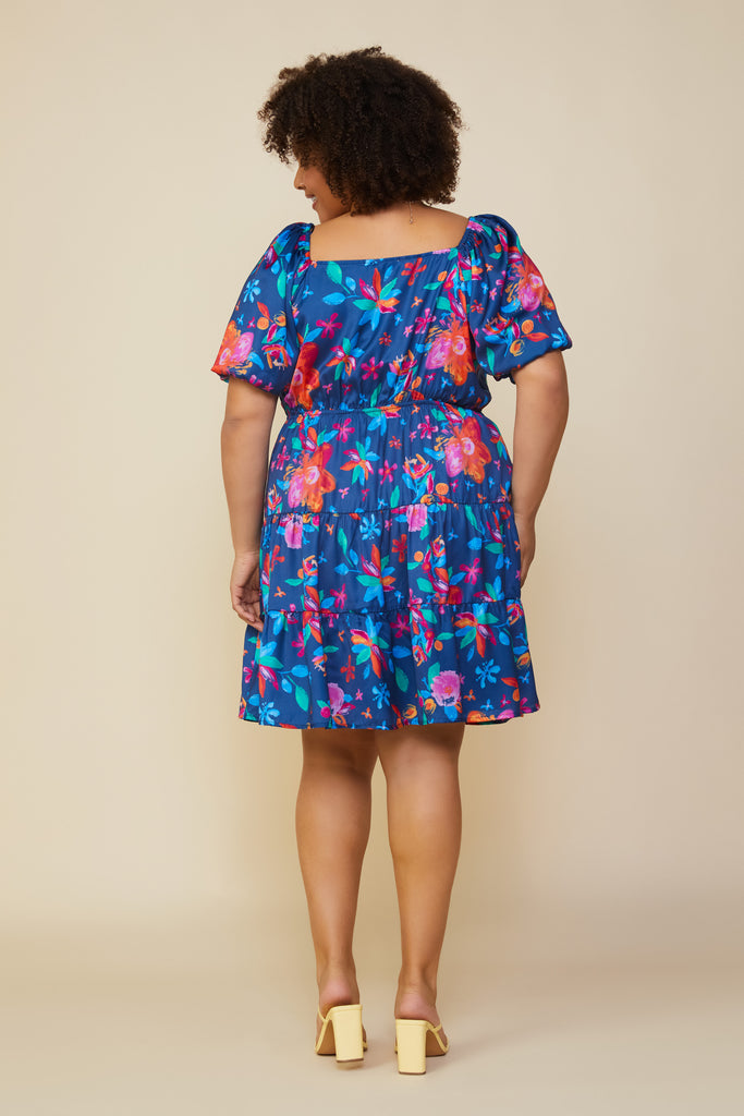 Plus Size - Aquatic Floral Surplice Short Dress