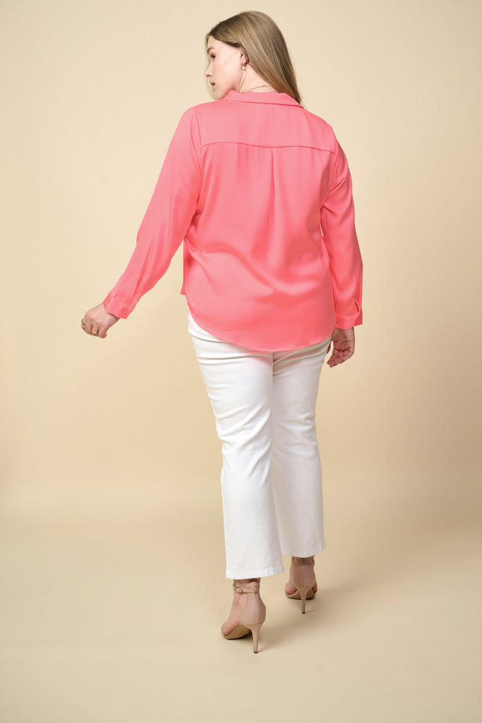 Plus Size - Satin Button Down Shirt