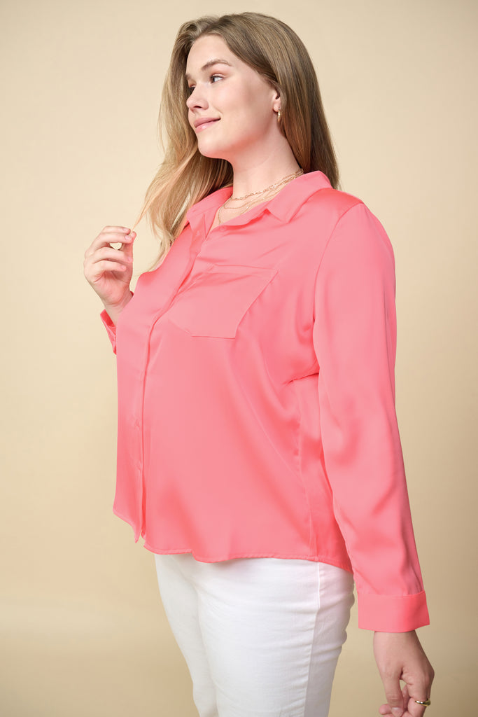 Plus Size - Satin Button Down Shirt