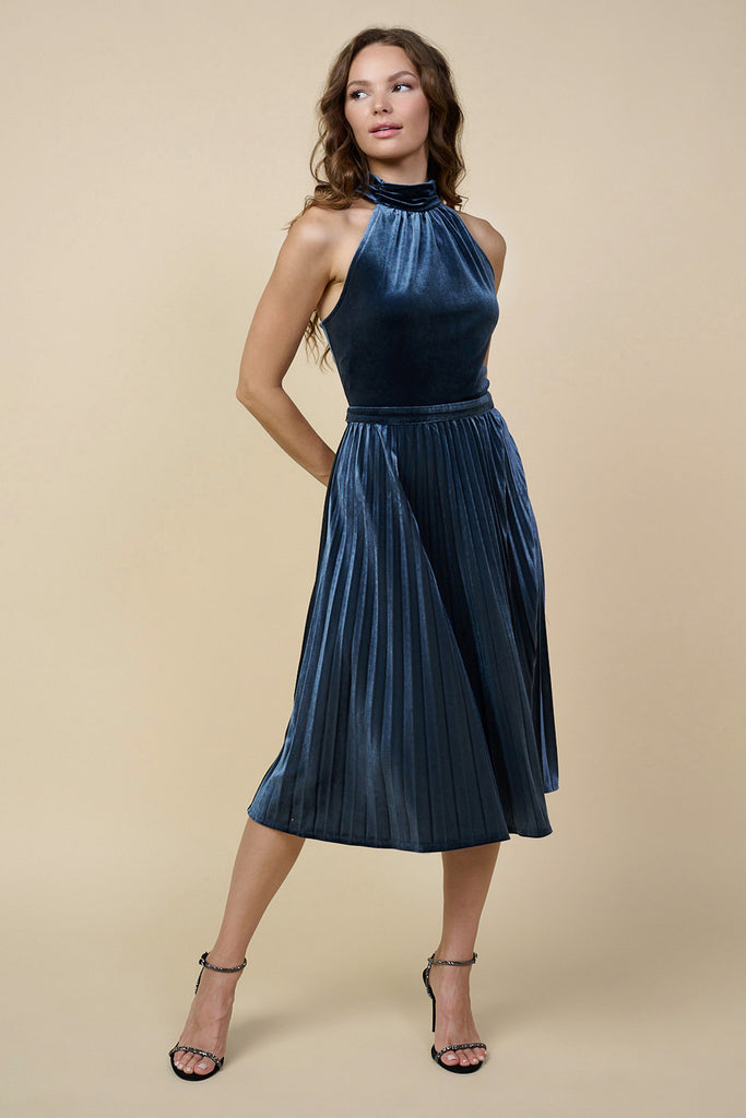 Velvet Pleated Midi Dress
