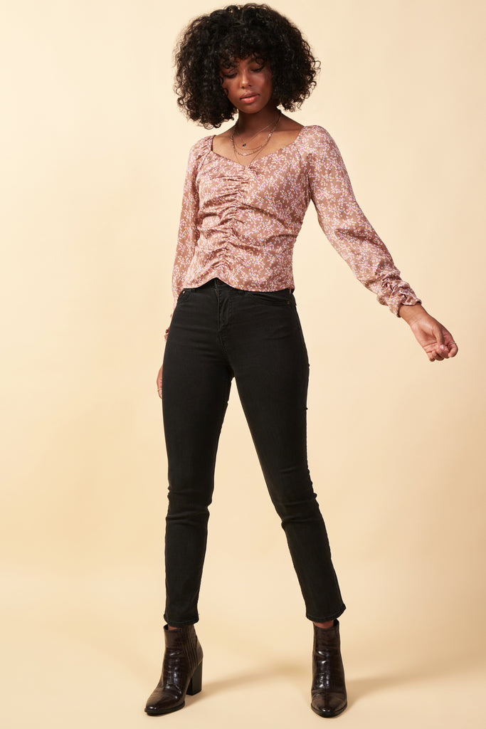 Taupe Floral Ruched Top