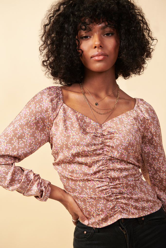 Taupe Floral Ruched Top
