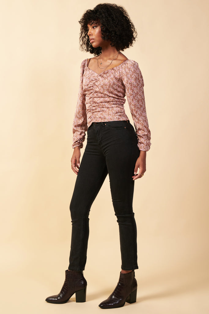 Taupe Floral Ruched Top