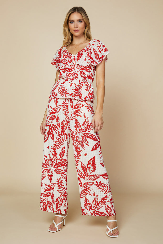 Printed Leaf Ruffle Blouse