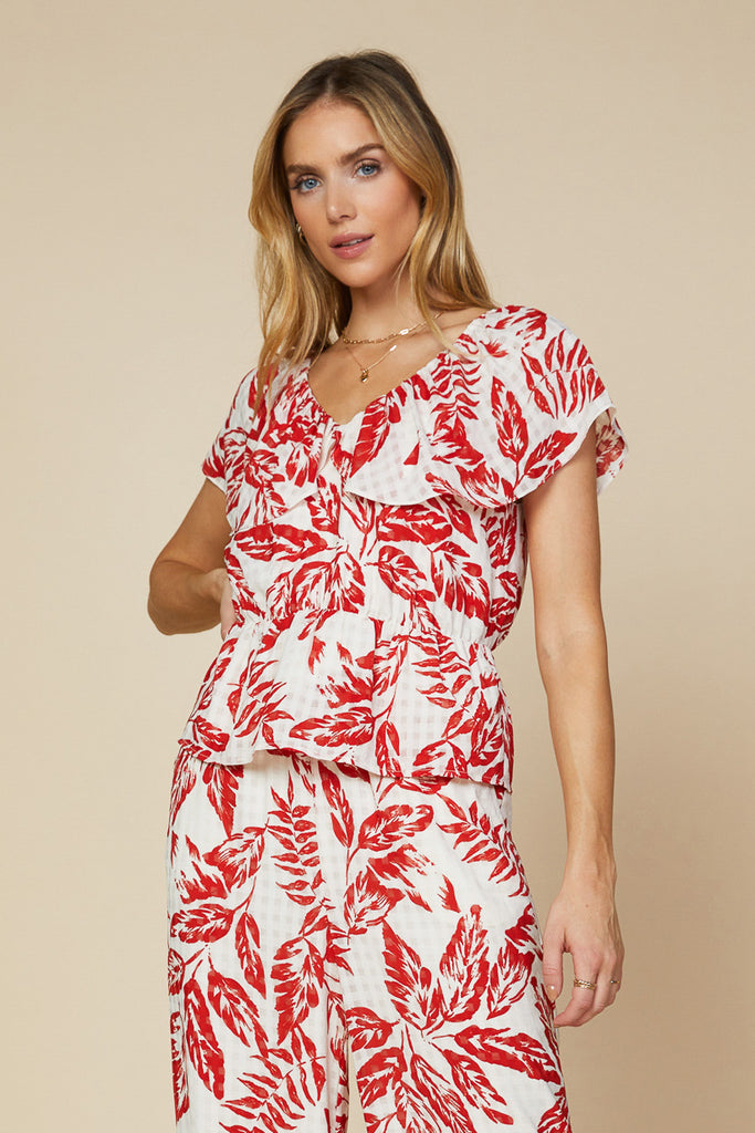 Printed Leaf Ruffle Blouse