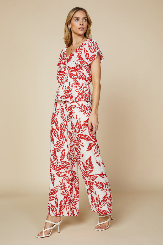 Printed Leaf Ruffle Blouse