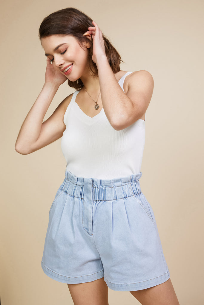 Washed Denim Paper Bag Shorts