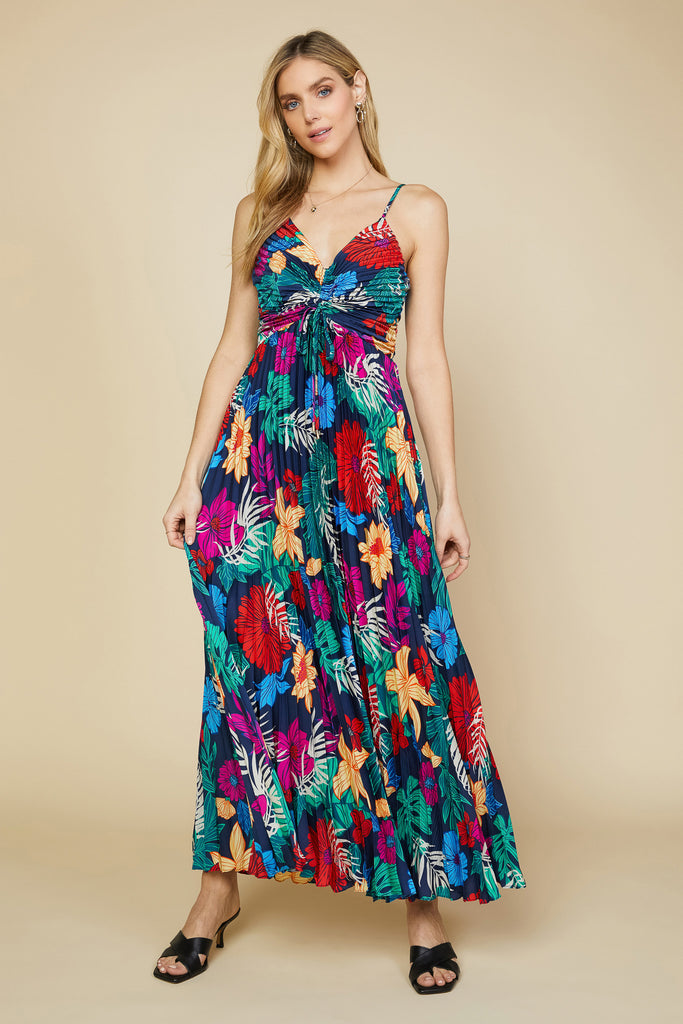 Tropical Front Tie Pleated Dress