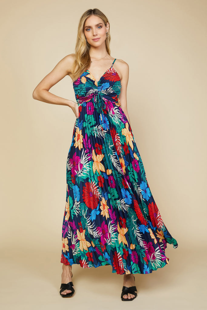 Tropical Front Tie Pleated Dress