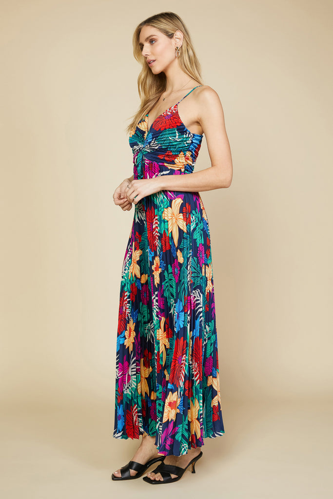 Tropical Front Tie Pleated Dress