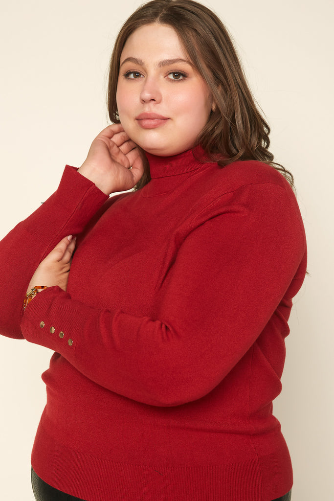 Plus Size - Button Detail Turtleneck Sweater